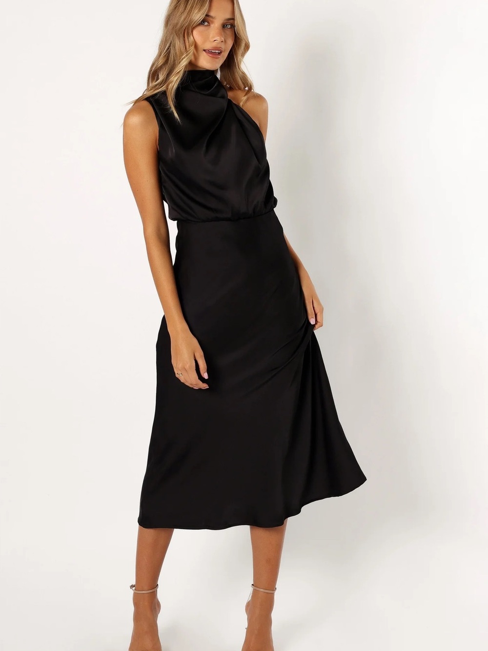 Petal & Pup Black Satin Halter Maxi Dress
